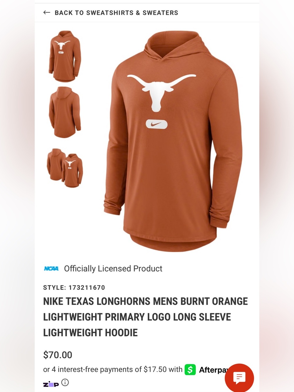 Nike Longhorns Lightweight Long-Sleeve Hoodie in Burnt Orange with White Logo